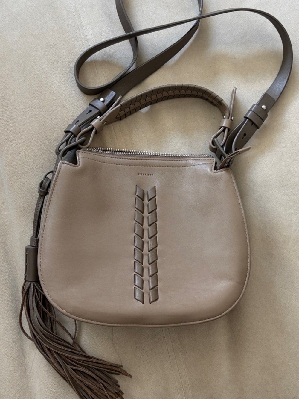 AllSaints Kepi Taupe Leather Crossbody Bag with Braided Detail